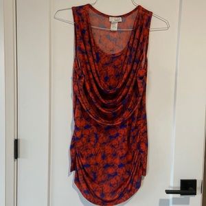 Poet Womens Top Size XL Orange Blue Sleeveless Draped Longer Front Ruching Sides